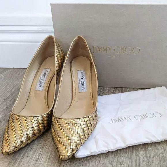 Jimmy Choo Romy 85 Gold Mix Woven Metallic Fabric Pointy Toe Pump Sz/ 8.5 - Picture 7 of 15